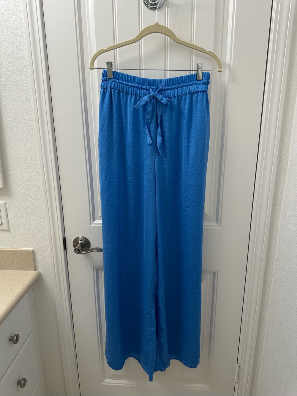 Zara Blue Satin Wide-Leg Drawstring Pants